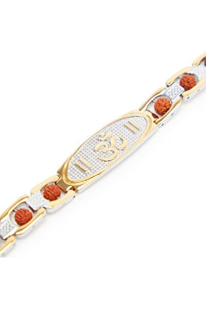 BAPS Hindu Mandir Rudraksha AUM Bracelet with Natural Beads, Stainless Steel, Dual-Tone Silver & Gold, 23.5 cm