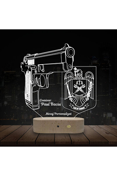 Cadouri Trend Lampă Personalizată 3D în formă de Pistol și Simbolul Poliției Române pentru Polițiști