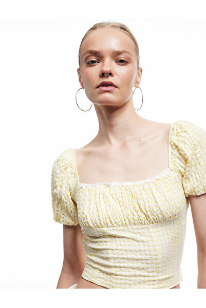 Koton Lace Detailed Short Sleeve Slim Fit Textured Boat Neck Gingham Blouse