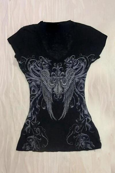 Köstebek Gothic Angel Wings Short Sleeve Basic T-Shirt