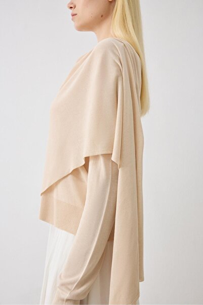 TERZİ DÜKKANI DOREN ŞAL DETAYLI TRİKO MERSERİZE HIRKA BEJ
