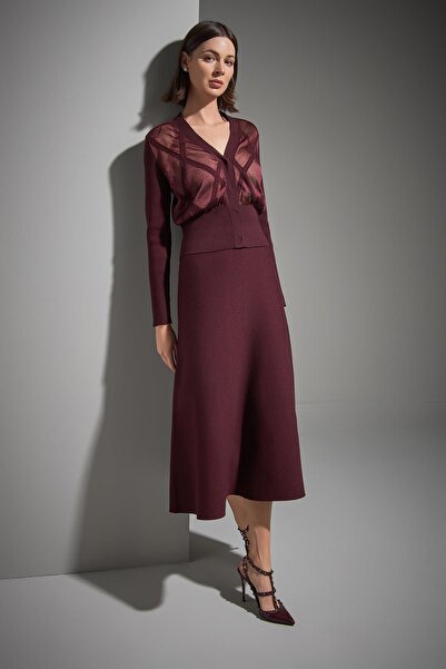 JOIN US Transparan Tül Detaylı Bordo Triko Hırka