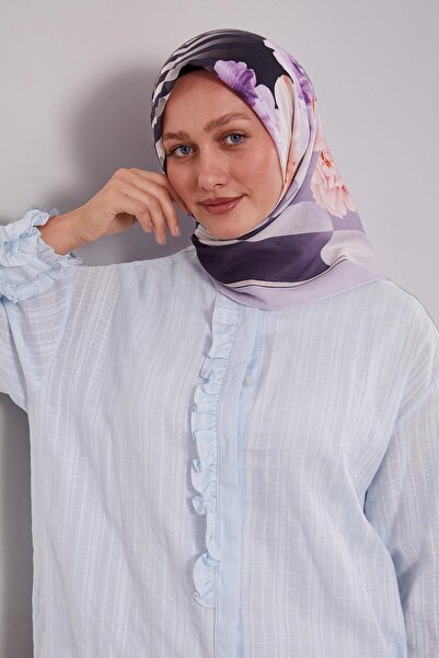 Levidor Βαμβακερό κασκόλ με λιλά ριγέ σχέδιο λουλουδιών