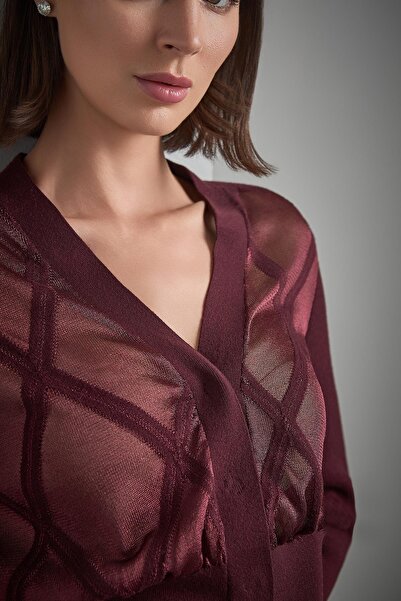 JOIN US Transparan Tül Detaylı Bordo Triko Hırka