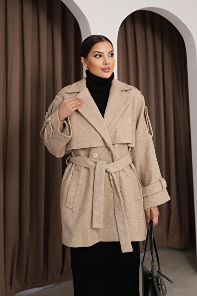 polle معطف الكشمير الكبير الحجم المزدوج الصدر للنساء مع حزام