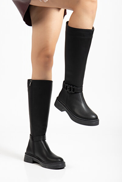 Tonny Black Γυναικείες μπότες με φερμουάρ με χοντρή θερμοσόλα με αγκράφα σε μ...