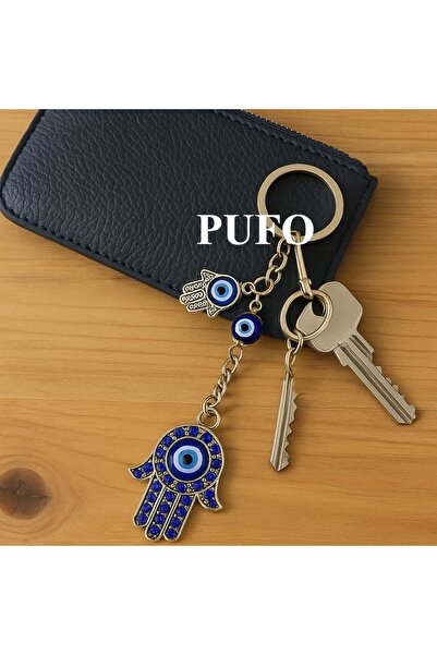 PUFO Feng Shui amulet keychain for protection and luck, Hand of Fatima and Eye of Horus model, blue