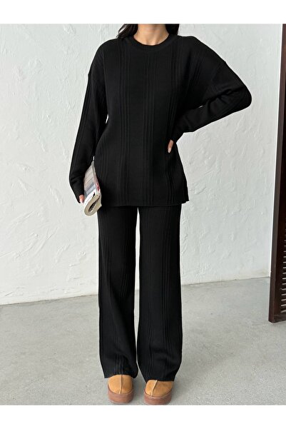 BEJNA Women's Crew Neck Ribbed Top and Bottom Knitwear Set