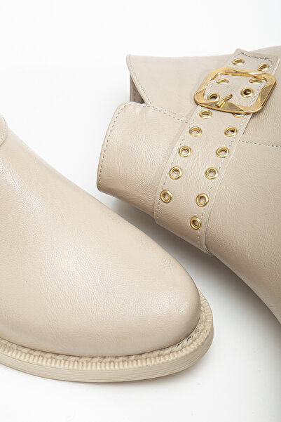 Tonny Black Kadın Bej Cilt Kalın Termo Taban Kemer Toka Detaylı Fermuarlı Bot