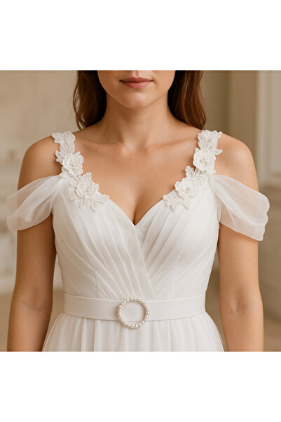 sweetyar Omuz Çiçek Detaylı Drapeli Tül Elbise – Kemerli, Düşük Kol, Astarlı, Çiçek Aksesuarlı Model