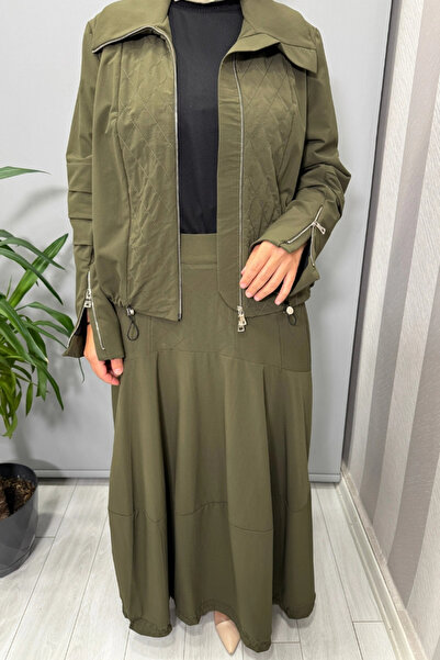 MissWhence Dikiş ve Büzgü Detaylı Ceket Etek Takım Haki 38208