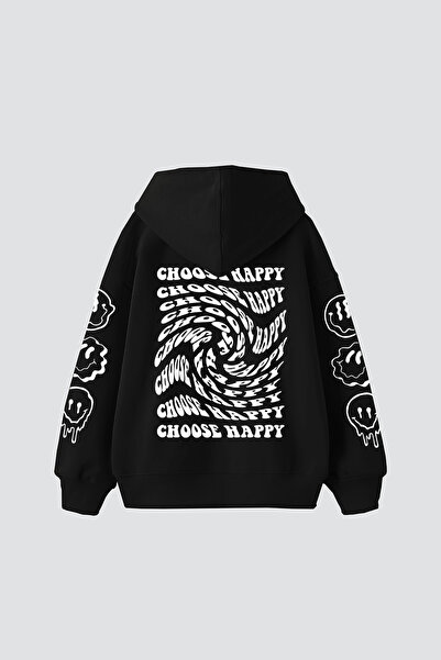 Sekizbiraltı Επιλέξτε Happy Printed Oversize Unisex Μαύρο Φούτερ με κουκούλα