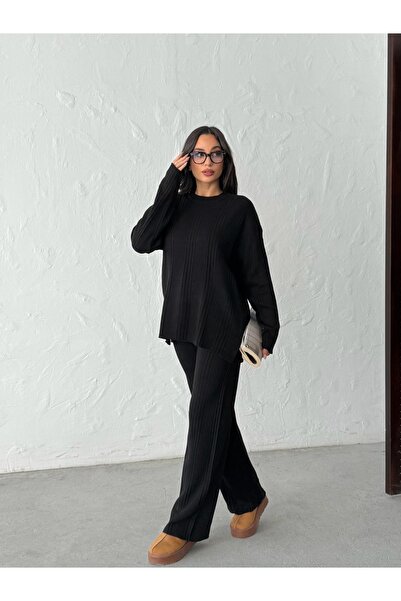 BEJNA Women's Crew Neck Ribbed Top and Bottom Knitwear Set