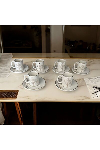 Turkuaz Porselen Altın Hayat Ağacı 6 Kişilik 12 Parça Kahve Fincanı Takımı