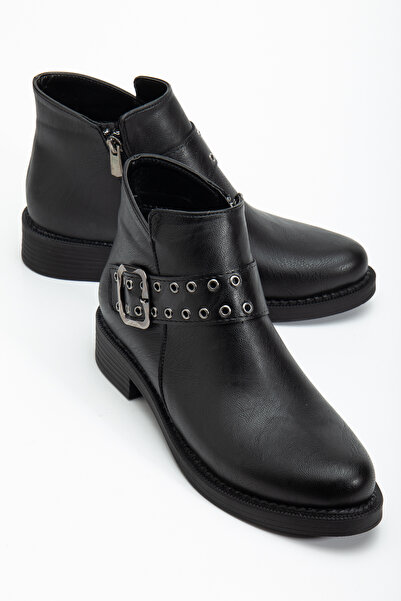 Tonny Black Kadın Siyah Cilt Kalın Termo Taban Kemer Toka Detaylı Fermuarlı Bot