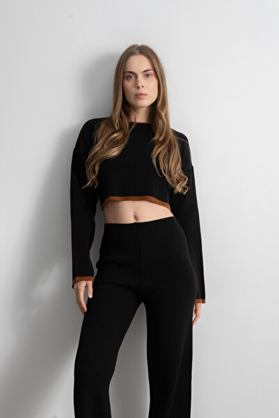 Shophia طقم تريكو نسائي مخطط قصير من الأسفل – أسود