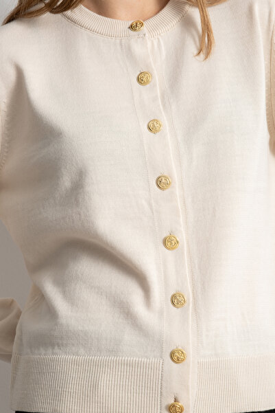 Shophia Women's Gold Buttoned Basic Knit Cardigan - Cream