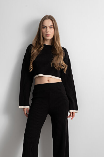 Shophia طقم تريكو نسائي مخطط قصير من الأسفل – أسود-كريمي