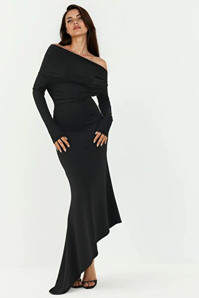 Hiccup Kayık Yaka Asimetrik Bodycon Maxi Elbise