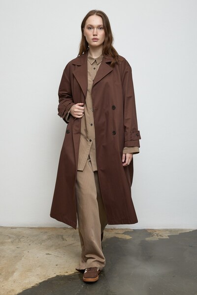 QANU Floriva Uzun Trençkot Kahverengi