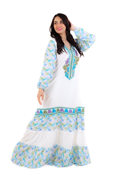 amaan Women's Embroidered Jalabiya Dress, Floral Design with V-Neck, Arabic Dress for special occasions.
