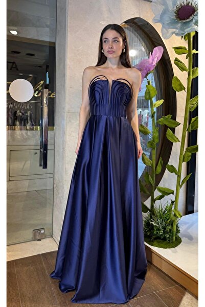 SpringStore Lacivert Balen Yaka Uzun Abiye