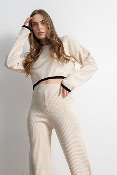 Shophia Γυναικείο Σετ Πλεκτό Ριγέ Crop Top και Παντελόνι – Κρεμ