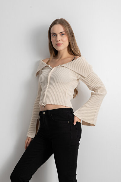 Shophia Women's Double Zipper Ribbed Knit Cardigan - Cream