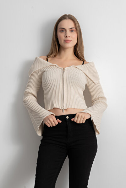 Shophia Women's Double Zipper Ribbed Knit Cardigan - Cream