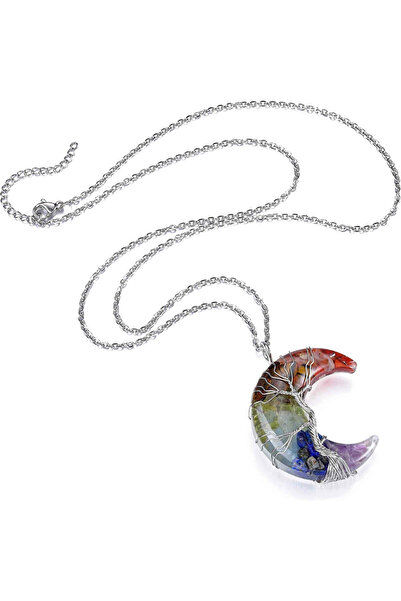 craftmystic Colier cu pandantiv semilună și copac al vieții - Realizat din pi...