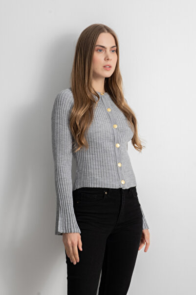 Shophia Crew Neck Buttoned Spanish Sleeve Knit Cardigan - Gray
