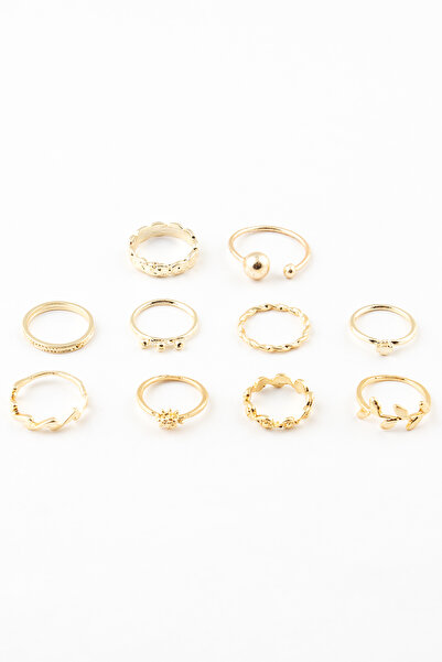 Sortie Aksesuar Çiçek ve Yaprak Figürlü 10'lu Kombin Yüzük Seti 037