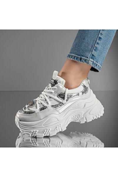 Modlet.ro Women's white and silver sports shoes with thick sole MOD11701