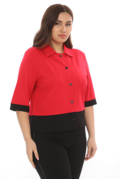 EXİTLİNE Women's Seasonal Elegant 3/4 Sleeve Stylish Office Casual Red Jacket with Snap Fasteners on the Front