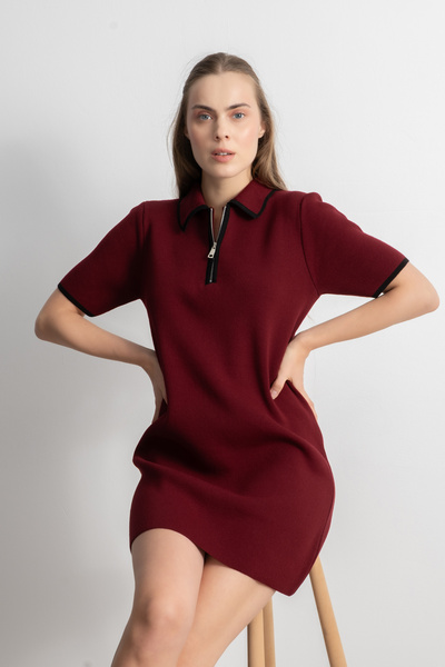 Shophia Kadın Polo Yaka Fermuarlı Triko Mini Elbise - Bordo