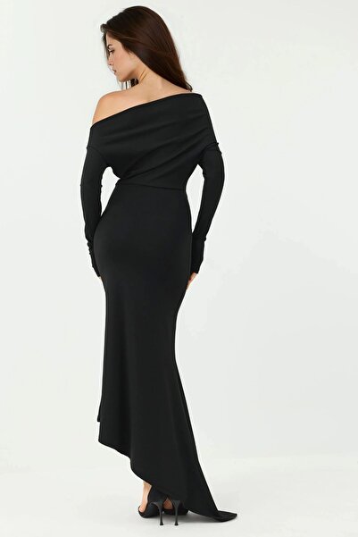 Hiccup Kayık Yaka Asimetrik Bodycon Maxi Elbise