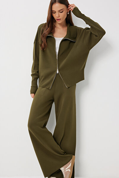 Lovelyİstanbul Zippered Cardigan Pants Knitwear Set Lan0077 Khaki