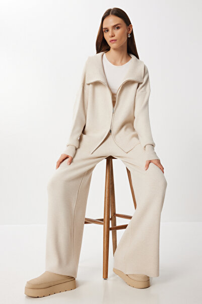 Lovelyİstanbul Zippered Cardigan Pants Knitwear Set Lan0077 Stone
