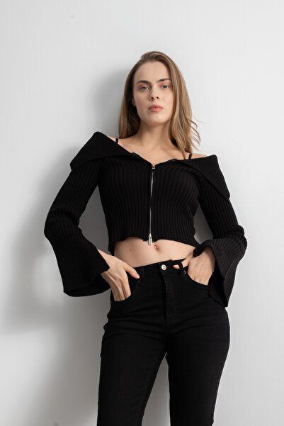 Shophia Cardigan tricotat cu fermoar dublu pentru femei - negru