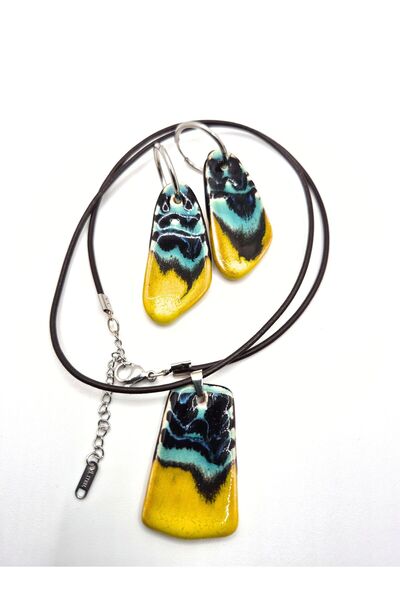 Pialuna Mavi Sarı Siyah Tasarım Seramik Küpe ve Kolye