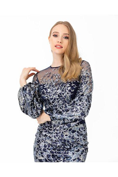 Donatella Fish Form Zero Collar Embroidered Evening Dress