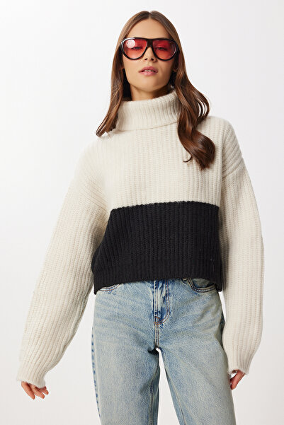 Lovelyİstanbul Kontrast Renkli Triko Kazak LFG0160 TAŞ SİYAH