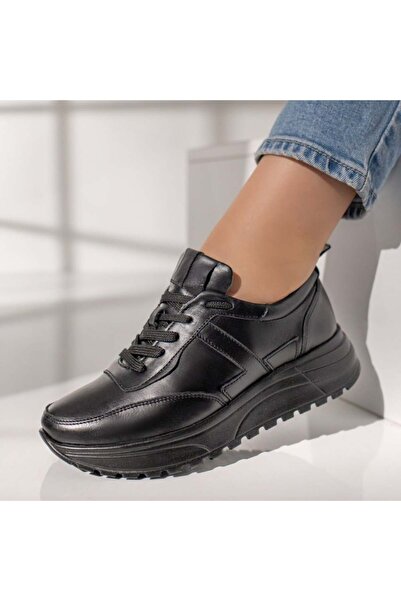 Modlet.ro Pantofi sport cu șireturi din piele neagră pentru femei MOD12092