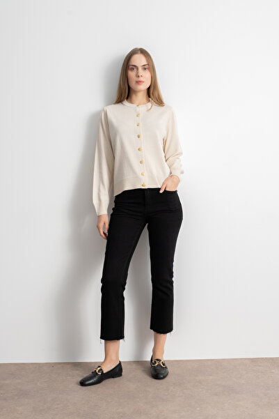 Shophia Women's Gold Buttoned Basic Knit Cardigan - Cream