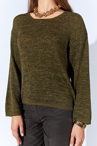 TENA Women's Khaki U-Neck Sleeves Loose Basic Knitwear Sweater