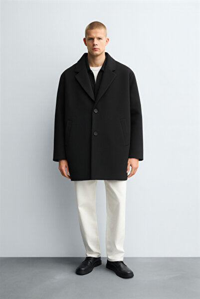 Redmond Erkek Siyah Kaşe Oversize Kaban Kışlık Şık Palto Modern Tarz Günlük Mont