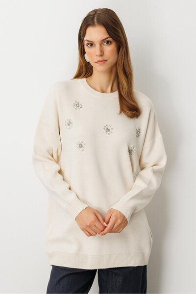 accort Çiçek Taş Detaylı Triko Tunik-KREM