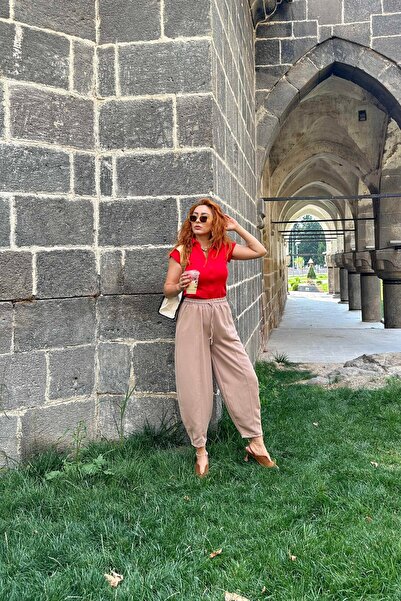 Çiğdem Sonkur Butik Yüksek Bel Şalvar Kesim Süt Kahve Pantolon