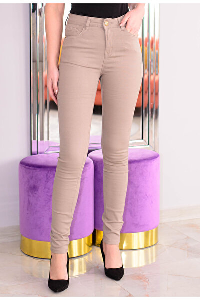 Elis Fashion Blugi de dama bej skinny cu talie inalta