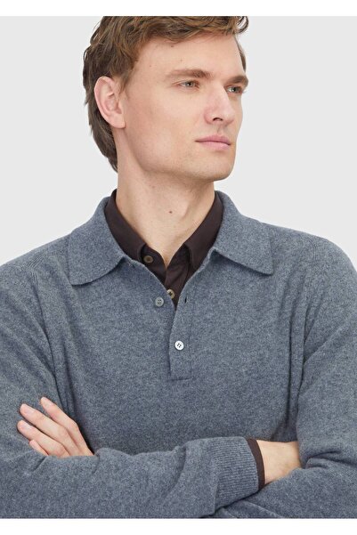 Ramsey Medium Gray Polo Neck Plain Knit 100% Cashmere Knitwear Sweater